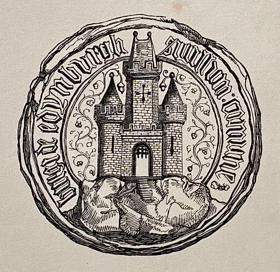 Close-up of title text: Close up detail title page Memorials of Edinburgh in the Olden Time Daniel Wilson Hugh Paton Adam Square Edinburgh Simpkin Marshall London 1848 MDCCCXLVIII