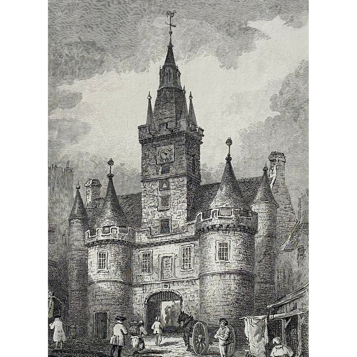 Close-up of engraving detail church: Close up detail antique steel engraving Netherbow Port Edinburgh 1764 city gate Old Town medieval architecture Canongate