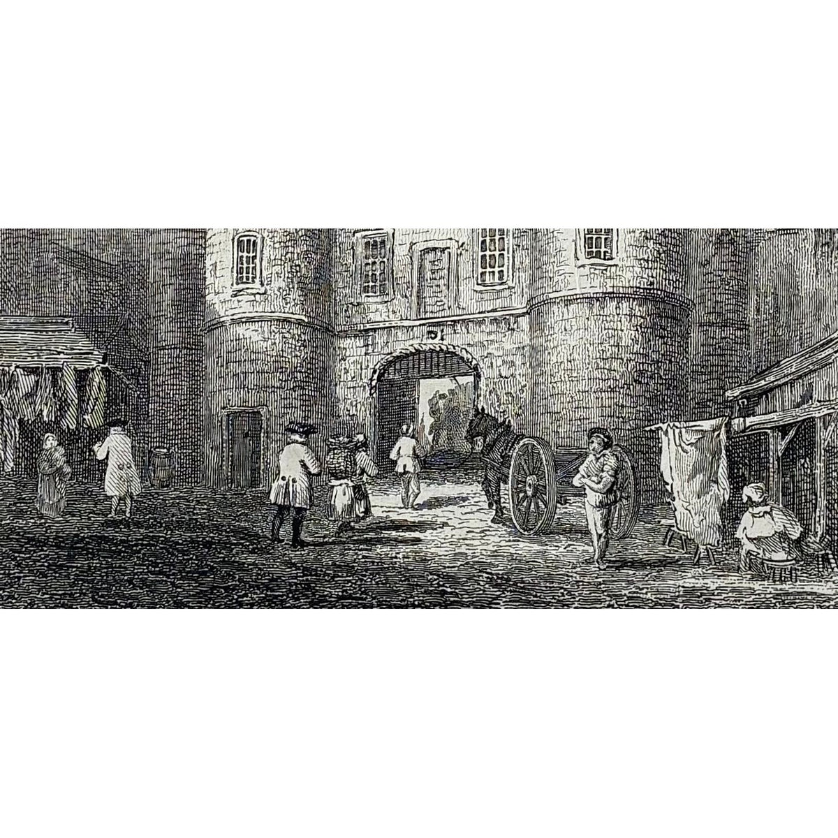 Close-up of engraving detail of people: Close up detail antique steel engraving Netherbow Port Edinburgh 1764 city gate Old Town medieval architecture Canongate