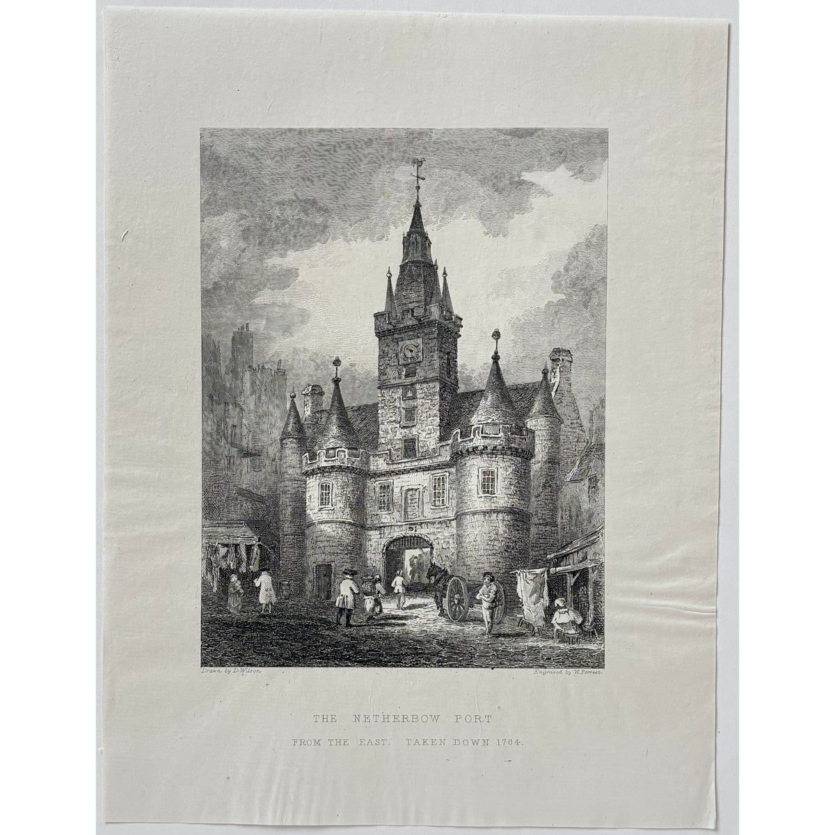 Condition/paper detail: Aged paper antique steel engraving Netherbow Port Edinburgh 1848 thin paper only creasing right side