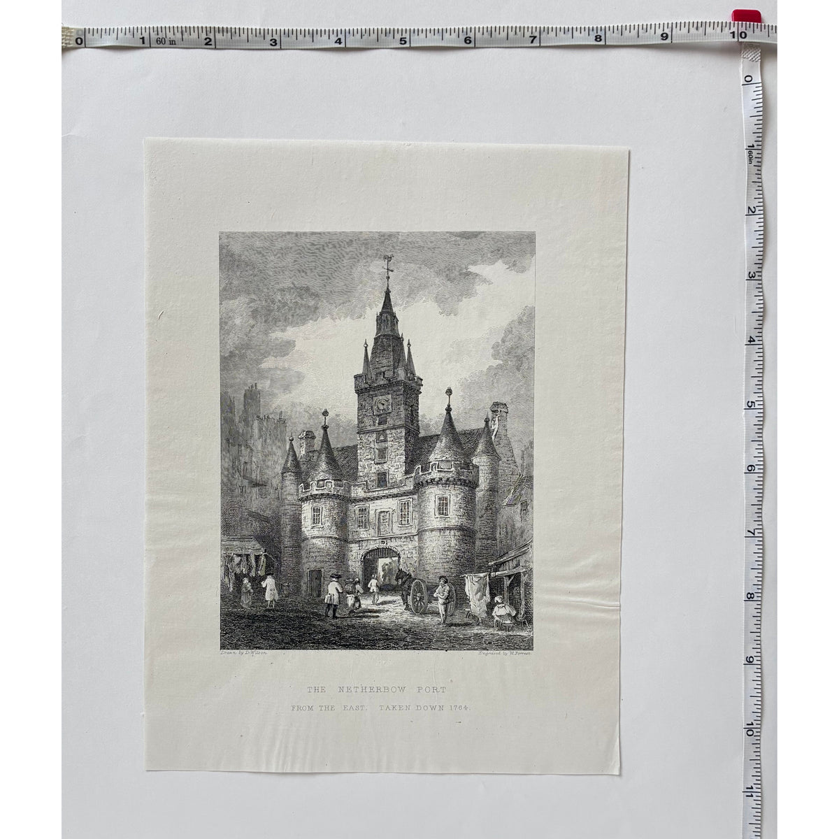 Measurements image (rulers on two sides): Antique steel engraving Netherbow Port Edinburgh 1848 with rulers showing paper dimensions 9 three quarters x 7 three eighths inches