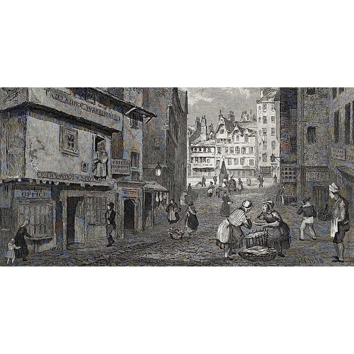 Close-up of engraving detail: Close up detail antique steel engraving Old Assembly Rooms West Bow Edinburgh 1830 Old Town medieval architecture social history