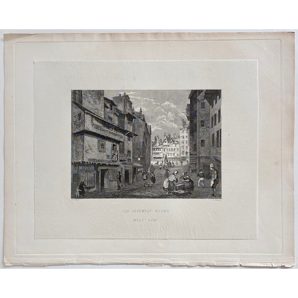 Condition/paper detail: Aged paper antique steel engraving Old Assembly Rooms West Bow Edinburgh 1848 thin paper adhered thicker backing wear small crease top left corner