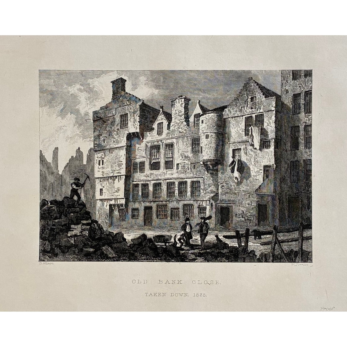 Main product image (full print): Antique steel engraving Old Bank Close Edinburgh taken down 1835 proof impression Daniel Wilson William Forrest Hugh Paton Memorials of Edinburgh 1848