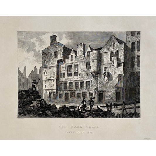 Main product image (full print): Antique steel engraving Old Bank Close Edinburgh taken down 1835 proof impression Daniel Wilson William Forrest Hugh Paton Memorials of Edinburgh 1848