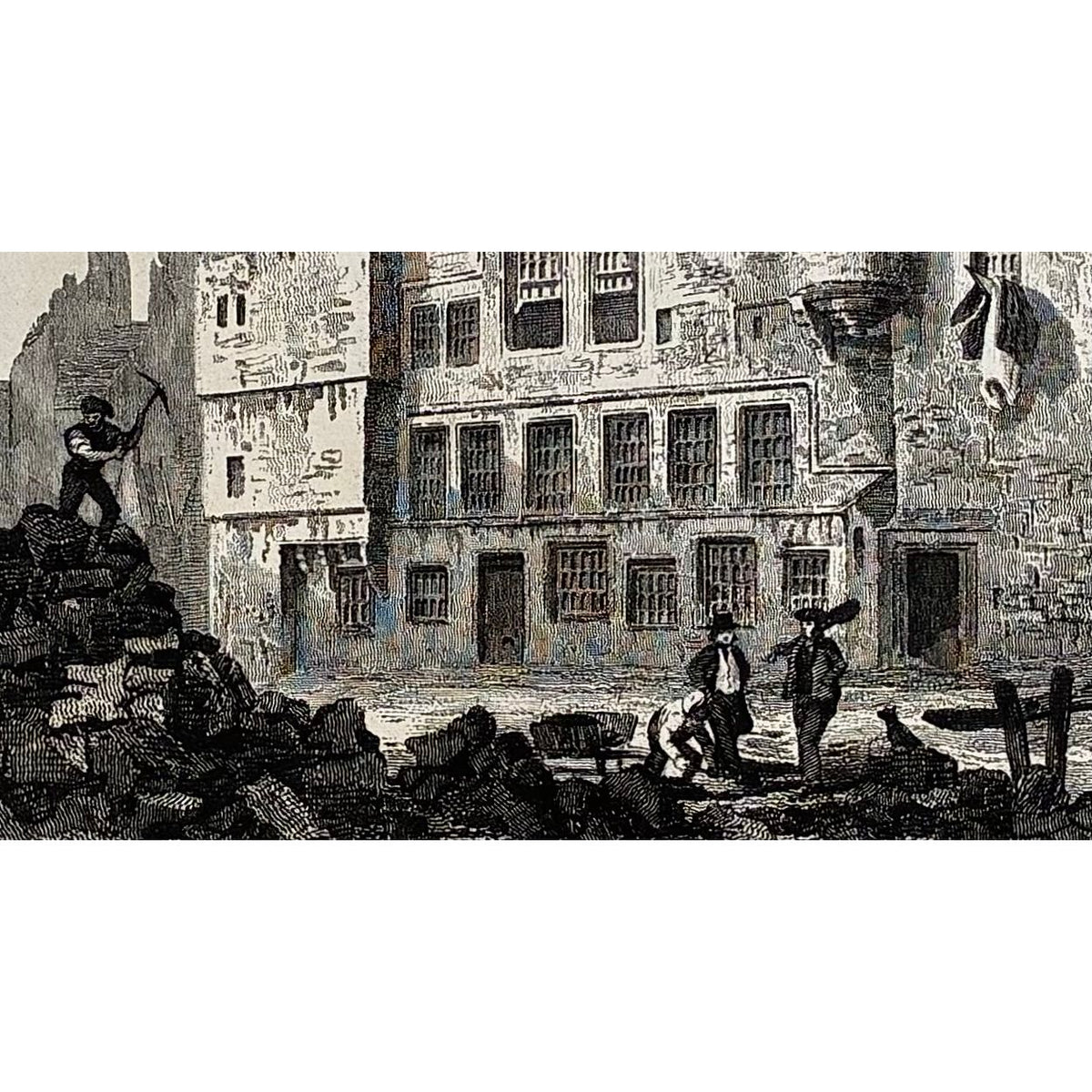 Close-up of engraving detail: Close up detail antique steel engraving Old Bank Close Edinburgh 1835 demolished close Old Town stonework medieval architecture