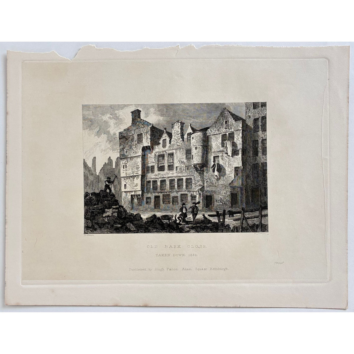 Condition/paper detail: Aged paper antique steel engraving Old Bank Close Edinburgh 1848 original proof impression thin paper laid on thicker backing edge wear top left