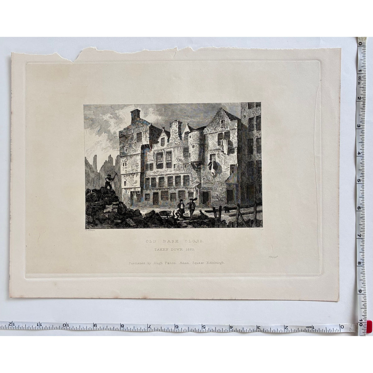 Measurements image (rulers on two sides): Antique steel engraving Old Bank Close Edinburgh 1848 with rulers showing paper dimensions 9 x 12 inches