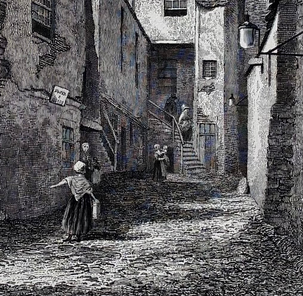 Close-up of engraving detail: Close up detail antique steel engraving Reid’s Close Canongate Edinburgh 1848 ancient close stonework Old Town