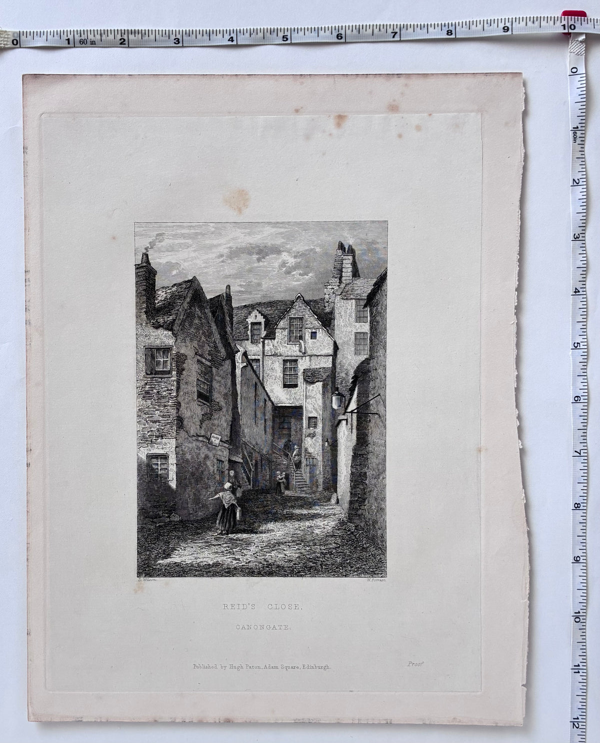 Condition/paper detail: Aged paper antique steel engraving Reid’s Close Canongate Edinburgh 1848 original proof impression minor foxing edge wear with measurements