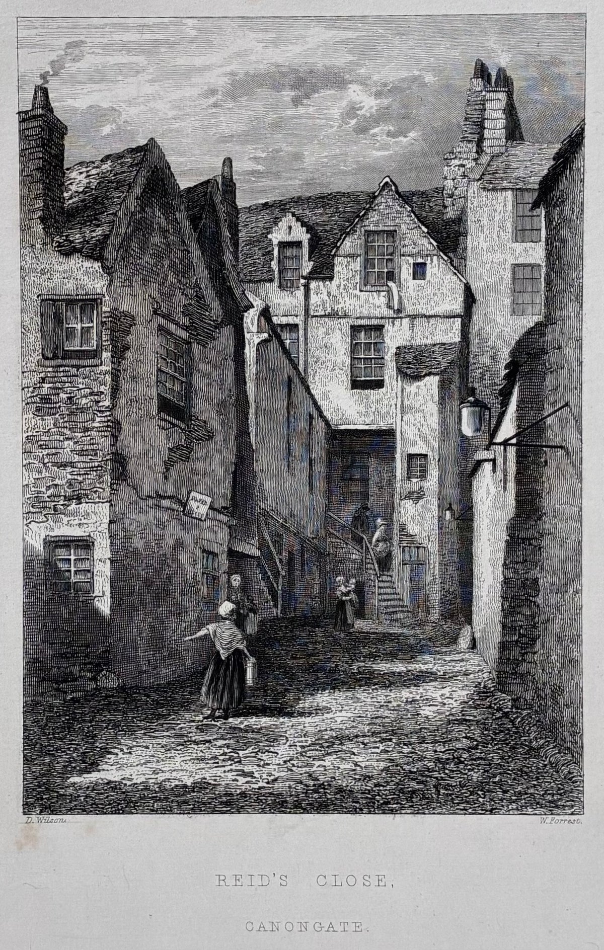 Main product image (cropped): Antique steel engraving Reid’s Close Canongate Edinburgh proof impression 1848 Daniel Wilson William Forrest Hugh Paton Memorials of Edinburgh