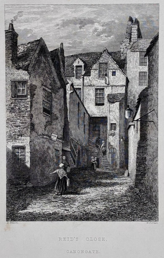 Main product image (cropped): Antique steel engraving Reid’s Close Canongate Edinburgh proof impression 1848 Daniel Wilson William Forrest Hugh Paton Memorials of Edinburgh