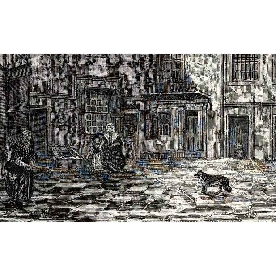 Close-up of engraving detail: Close up detail antique steel engraving Riddle’s Close Lawnmarket Bailie Macmoran’s House Edinburgh 1848 16th century merchant architecture Old Town
