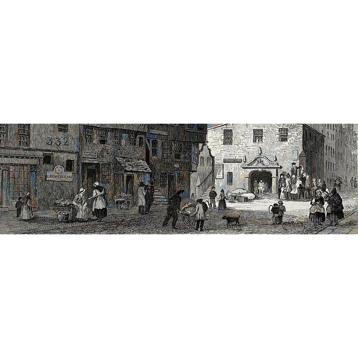 Close-up of engraving detail: Close up detail antique steel engraving The Weigh House Edinburgh 1822 demolished civic building Old Town medieval architecture