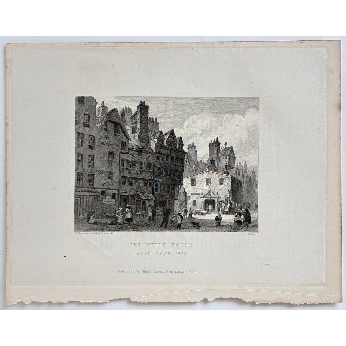 Condition/paper detail: Aged paper antique steel engraving The Weigh House Edinburgh 1848 original proof impression thin paper laid on thicker backing edge wear small black spot bottom left corner