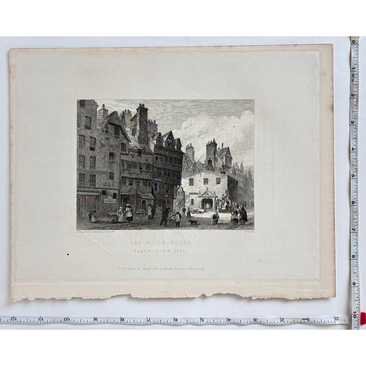 Measurements image (rulers on two sides): Antique steel engraving The Weigh House Edinburgh 1848 with rulers showing paper dimensions 9 quarter x 12 inches