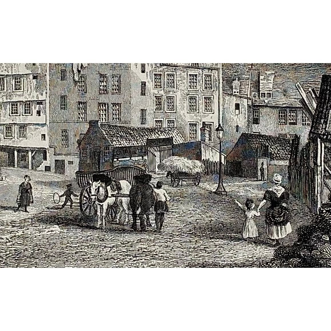 Close-up of engraving detail: Close up detail antique steel engraving West Bow Edinburgh 1843 winding street tenements Old Town Grassmarket medieval architecture