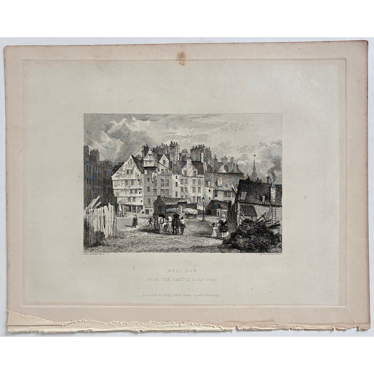 Condition/paper detail: Aged paper antique steel engraving West Bow Edinburgh 1848 thin paper adhered to thicker backing few spots foxing edge wear