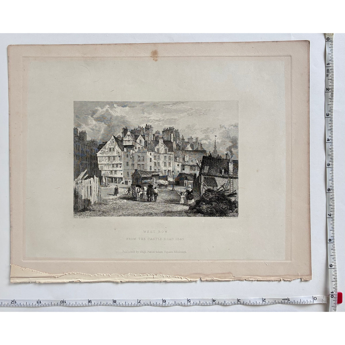 Measurements image (rulers on two sides): Antique steel engraving West Bow Edinburgh 1848 with rulers showing paper dimensions 9 and a half x 12 inches