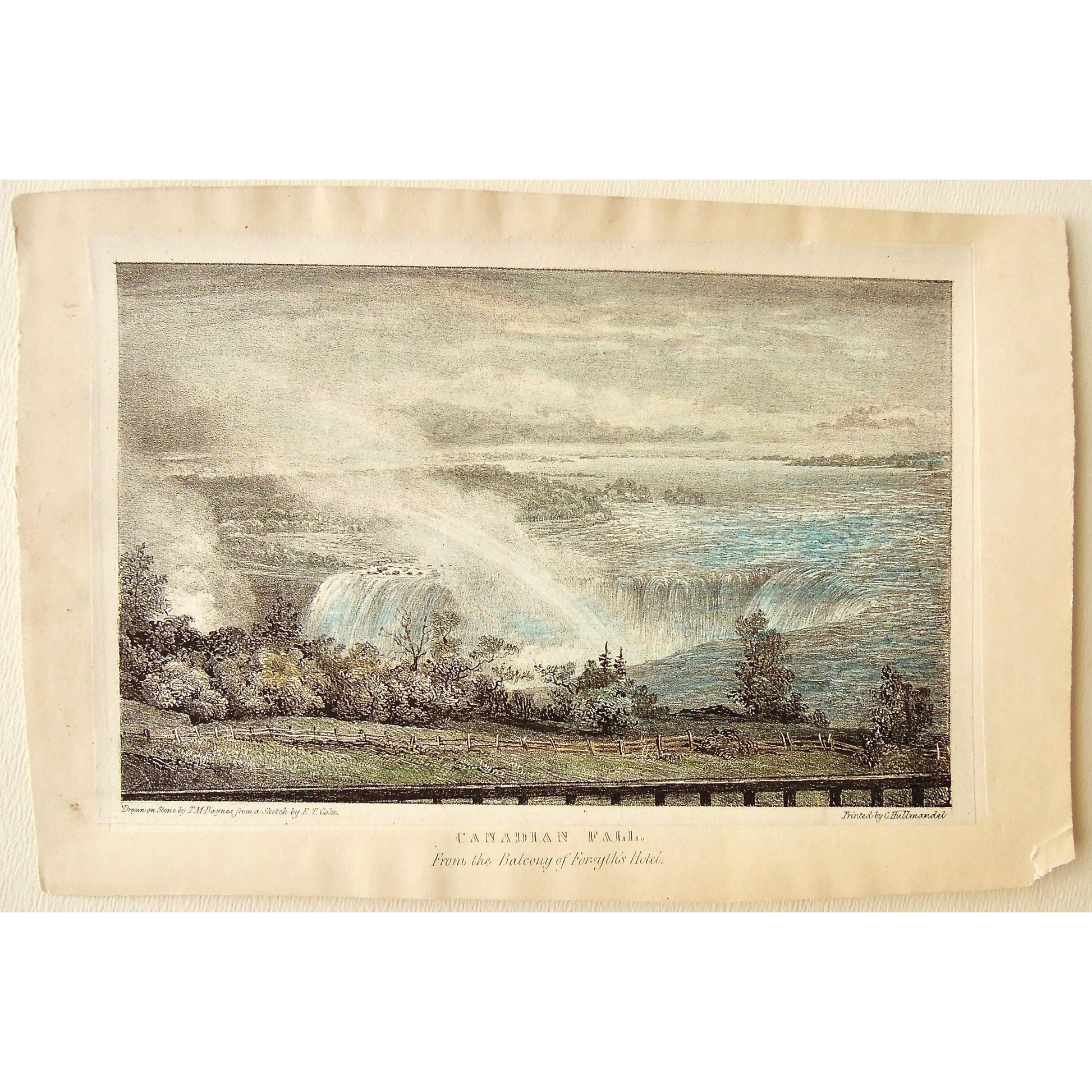 View, Falls, Niagara, Niagara Falls, Waterfall, Waterfalls, Ontario, Water, Forsyth's Hotel, Edward Thomas Coke, Coke, T. M. Baynes, Baynes, C. Hullmandel, Hullmandel, A Subaltern's Furlough: Descriptive of Scenes in Various Parts of The United States, Upper and Lower Canada, New Brunswick and Nova Scotia During the Summer and Autumn of 1832, 1833, Saunders and Otley, Conduit Street, London, Antique Prints, Prints, Old Prints, Historical Prints, History, Canadian History,