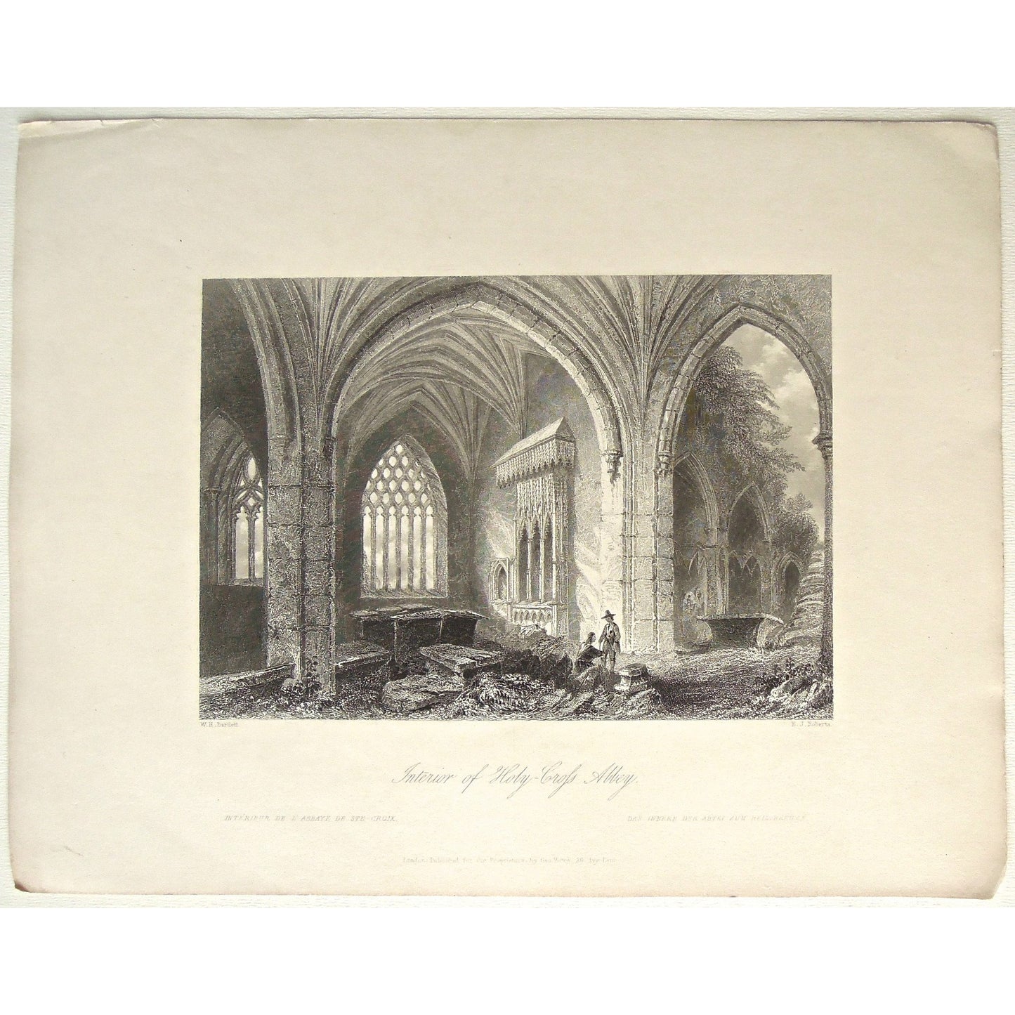 Interior, Abbey, Church, ruins, Holy Cross, Holy-Cross, Abbaye, Interieur, Innere, Abtei, Ste-Croix, Heil, Kreuze, detailed, Ireland, Irish, Irish art, Irish church, engraving, old prints, interior decor, interior structure, arches, art of Ireland, for sale, antique prints, wall art, artwork