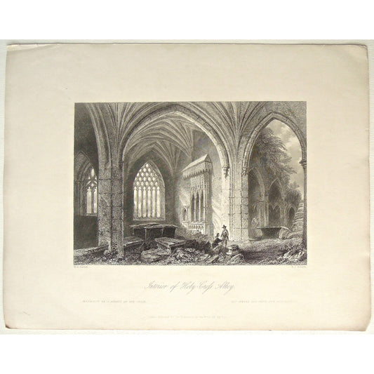 Interior, Abbey, Church, ruins, Holy Cross, Holy-Cross, Abbaye, Interieur, Innere, Abtei, Ste-Croix, Heil, Kreuze, detailed, Ireland, Irish, Irish art, Irish church, engraving, old prints, interior decor, interior structure, arches, art of Ireland, for sale, antique prints, wall art, artwork