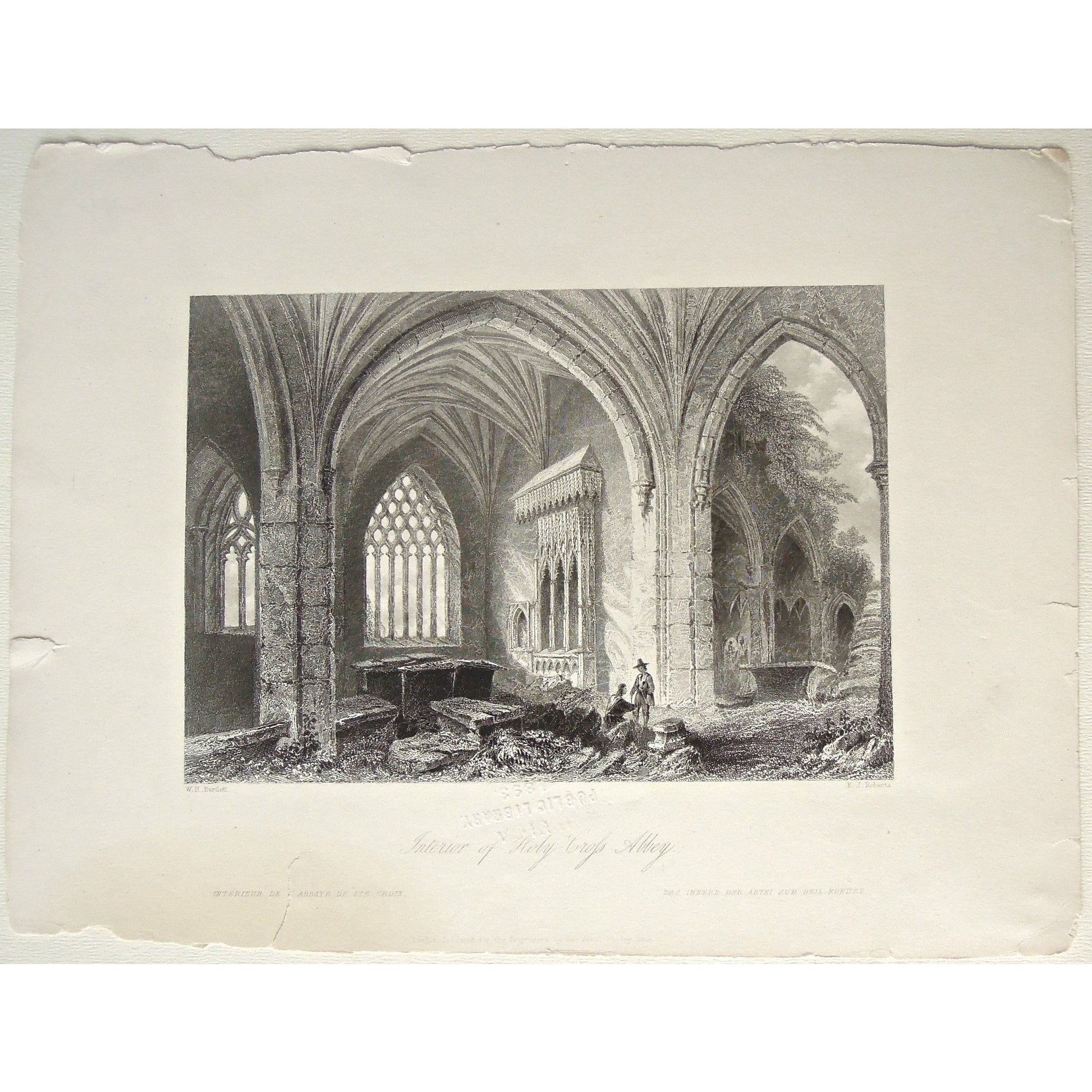 Interior, Abbey, Church, ruins, Holy Cross, Holy-Cross, Abbaye, Interieur, Innere, Abtei, Ste-Croix, Heil, Kreuze, detailed, Ireland, Irish, Irish art, Irish church, engraving, old prints, interior decor, interior structure, arches, art of Ireland, for sale, antique prints, wall art, artwork