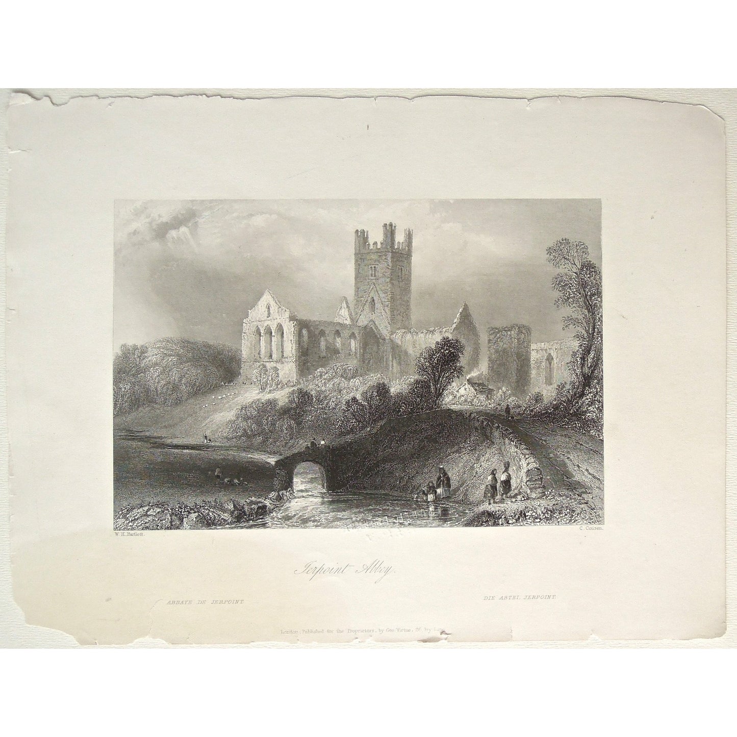 Jerpoint, Abbey, Abtei, Abbaye, Church, ruins, Ireland, Irish, sheep, river, bridge, old prints, old Ireland, Irish landscape, Irish buildings, old, antique, prints, home decor, gallery wall, desing, engraving, print set, Victoria Cooper Antique Prints, art, artwork,