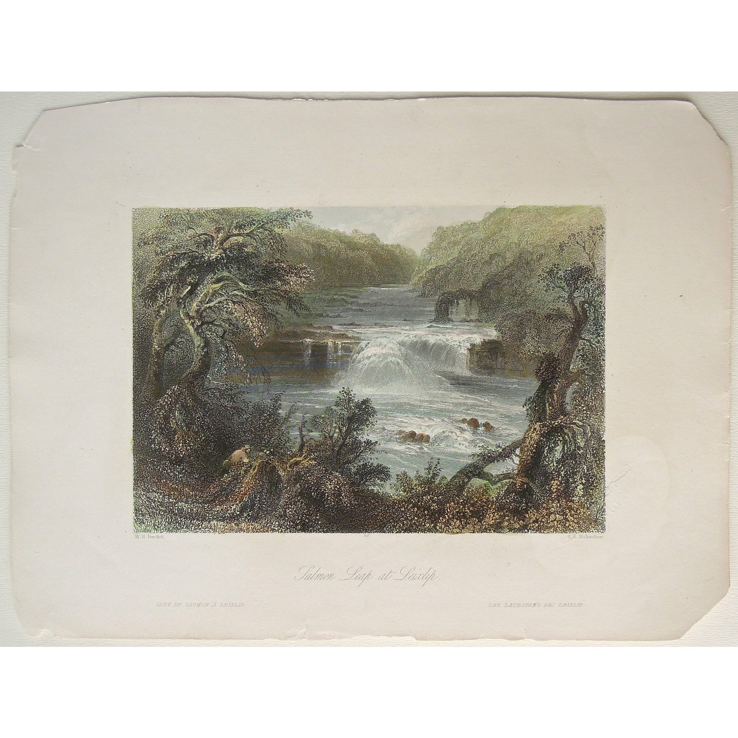 Salmon leap, salmon, leaping, Leixlip, Saut, Lachsfang, falls, Ireland, irish, waterfall, cascades, scenery, Irish landscape, engraving, old prints, old engravings, home decoration, art of Ireland, Irish decor, colorful, art, artwork, wall art, print set, for sale, Victoria Cooper Antique Prints