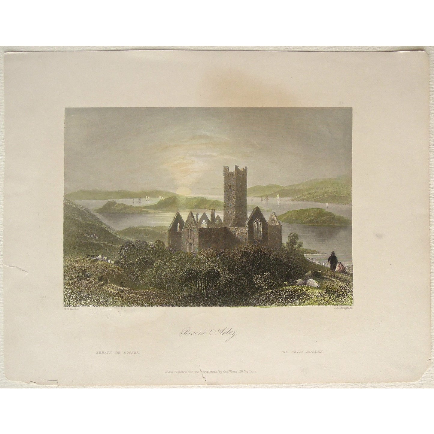 Abbey, Abtei, Abbaye, Ireland, Irish, Roserk, Sheep, Sheep grazing, Boats, river, views, view, ruins, by the water, old prints, Irish prints, home decor, interior decor, wall art, artwork, for sale, Victoria Cooper Antique Prints, engravings, green