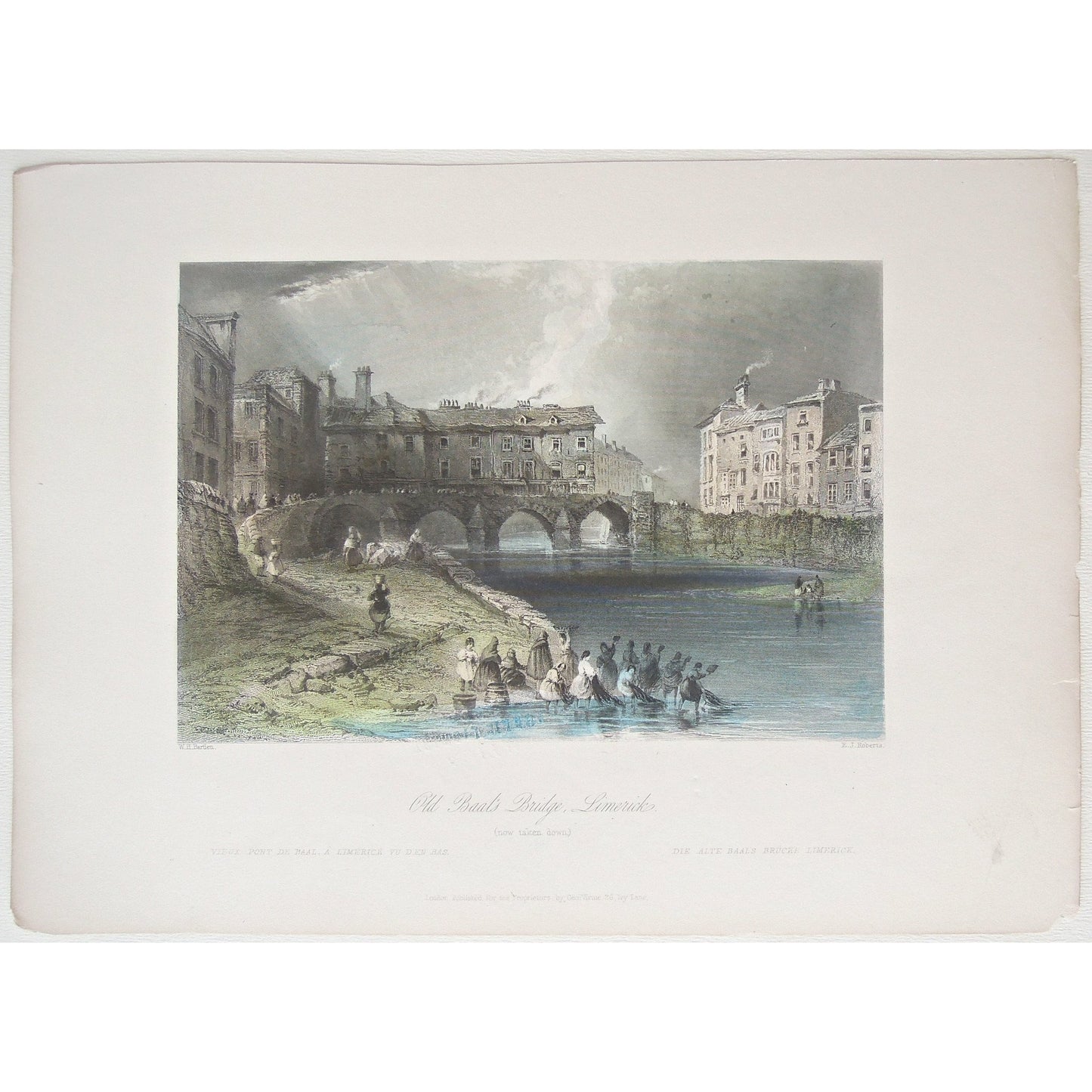 Old Baal, Old Baal's Bridge, Bridge, Bridges, waterfront, ladies by the water, pont, pont du Baal, alte, Alte Baals, Ireland, Irish, town, by the water, chimneys, old Irish landscape, Irish scenes, Irish life, olden days, weekend hussle, old prints, for sale, decor, artwork, wall art