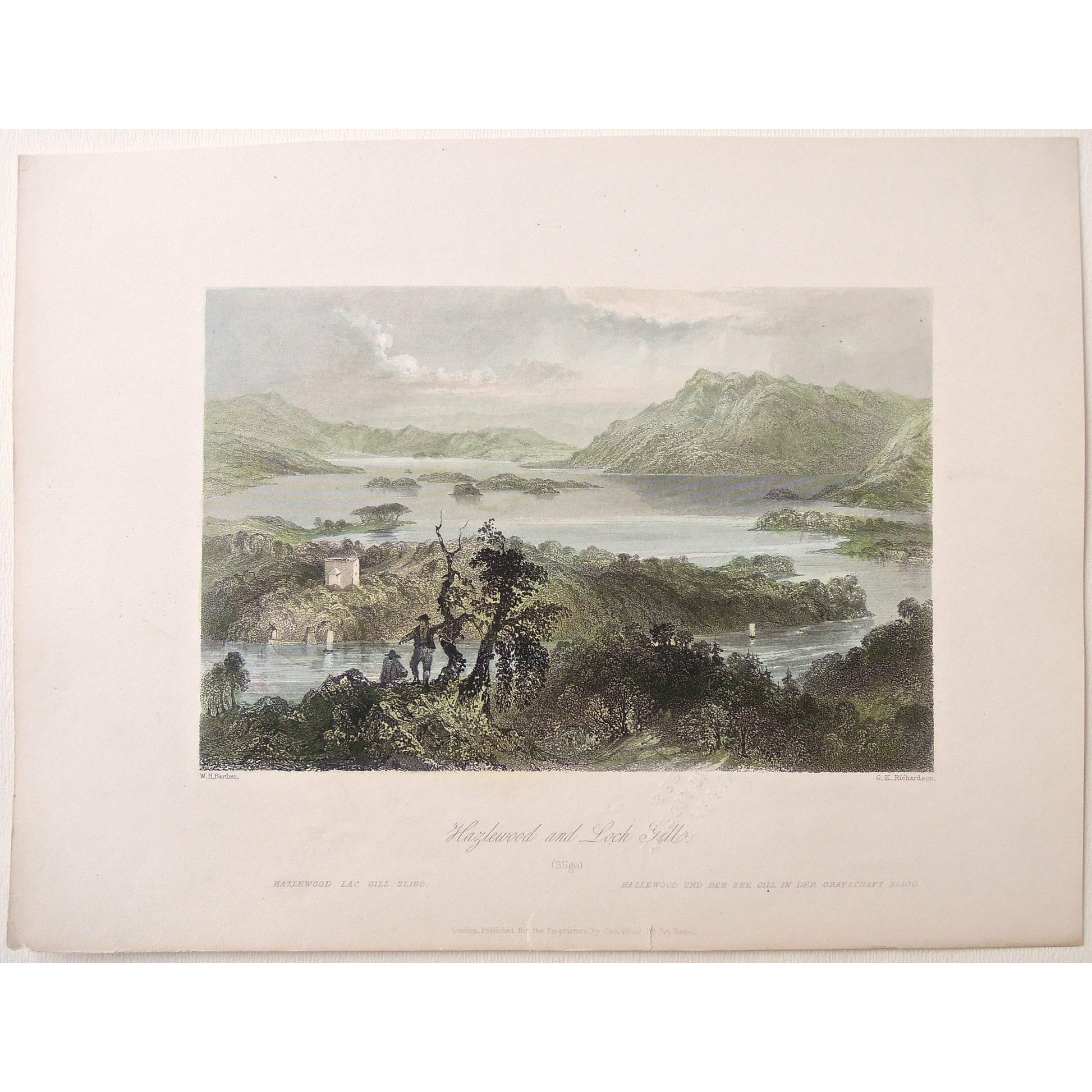 Hazelwood, Loch, Gill, Loch Gill, Ireland, Irish, Lac, Lake, Sligo, Grafschaft, Views, View, Distant, mountains, mountain, old Irish landscape, art, print, greens, colourful, engraving, home decoration, interior decor, design, wall art, for sale,