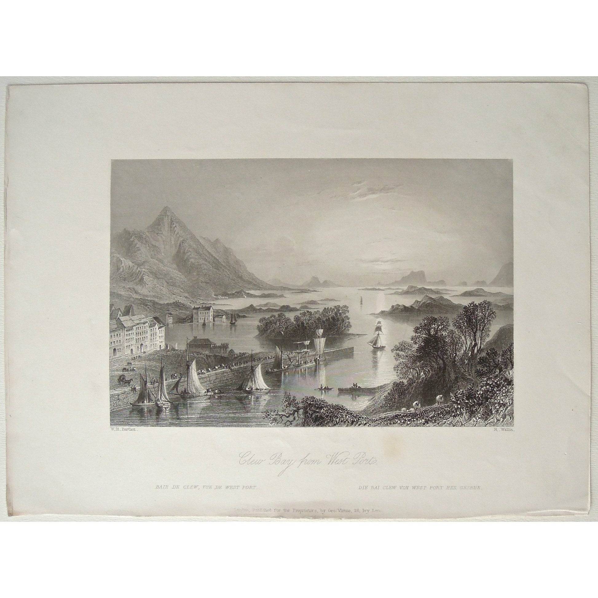 Clew, Bay, Baie, Baye, Bai, West port, Ireland, Irish, view, Scenery, ocean view, views, boats, sail boats, islands, island views, mountains, port, ports, ships, sheep, pretty, old Irish landscape, Irish landscape, print, for sale, beautiful, artwork, engraving, original