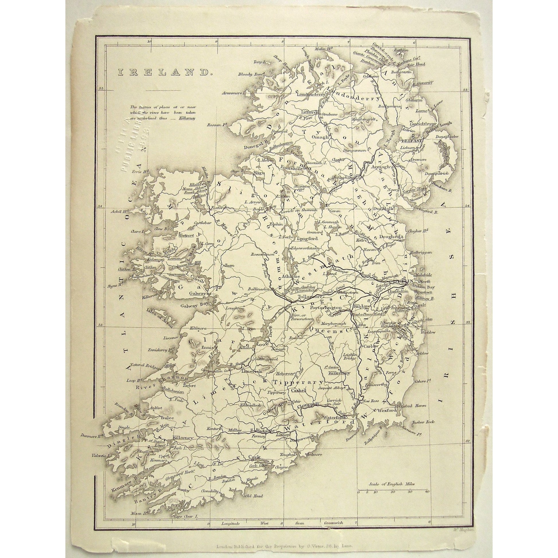 Ireland, Irish, Londonderry, Antrim, Donegal, Tyrone, Mayo, Sligo,, Cork, Waterford, Wexford, Limerick, Kerry, Clare, Roscommon, Galway, Leitrim, Westmeath, King's City, Queen's City, Kildare, Carlow, Cavan, Monaghan, Wicklow, Dublin, Tipperary, Fermanagh, Armagh, Meath, Belfast, Irish Sea, Map, Irish Map, Map of Ireland, Victoria Cooper Antique Prints, home decor, interior decorating, wall art, artwork, prints, for sale,