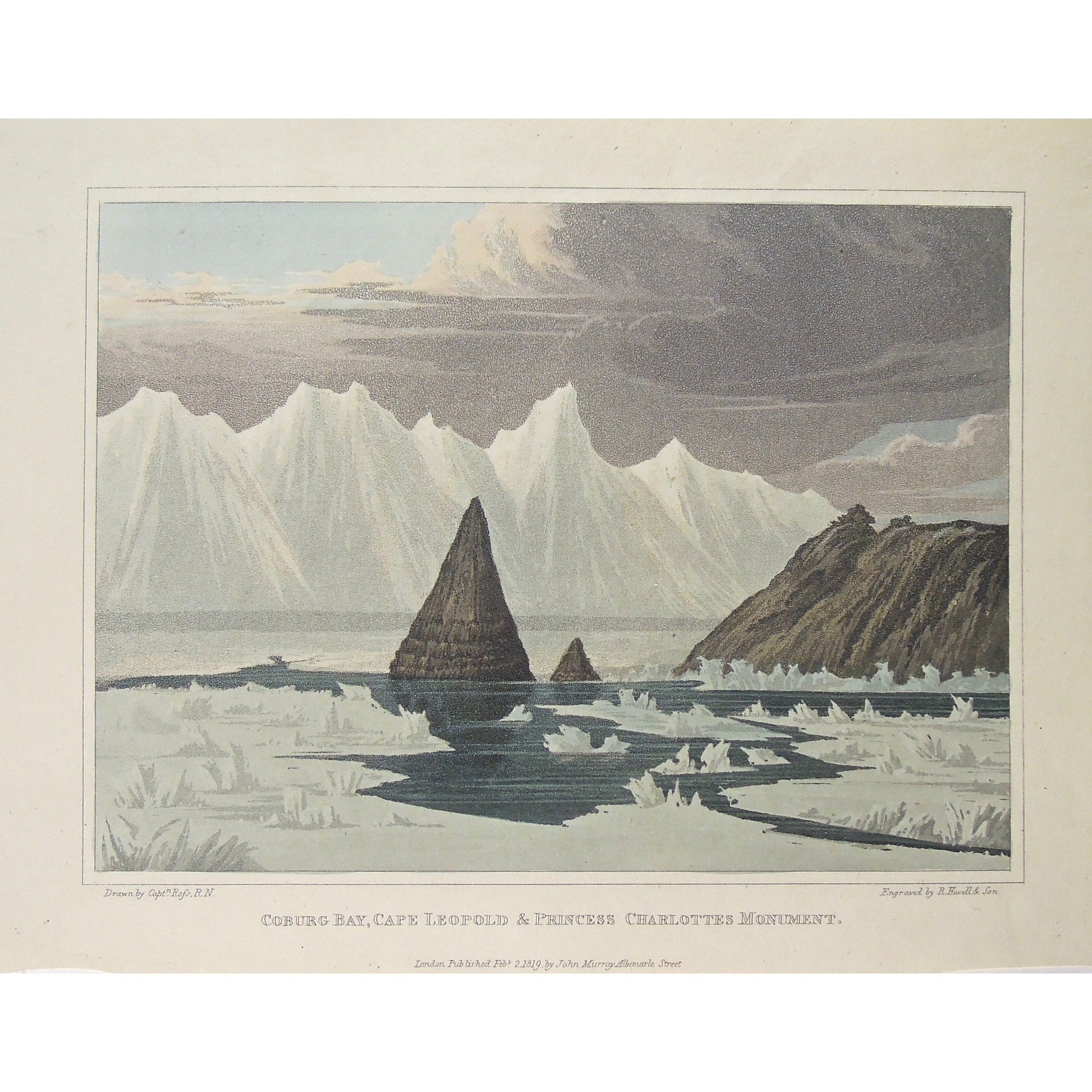 Coburg, Bay, Coburg Bay, Cape, Leopold, Princess Charlotte's Monument, Princess, Charlotte, Monument, Glaciers, glacier fields, ice, arctic, Austrian, Austria, Captain John Ross, John Ross, Captain, 1819, Voyage of Discovery, Baffin's Bay, North-West Passage, Antique Print, Antique, Prints, History, Historical, Art, Art history, Exploration, Navigation, Rare Prints, Rare Books, Unique, Original, Engraving, Havell & Son, Interior Decor, Decor, home decor, Interior design, Wall art, Office art, Collectable, 