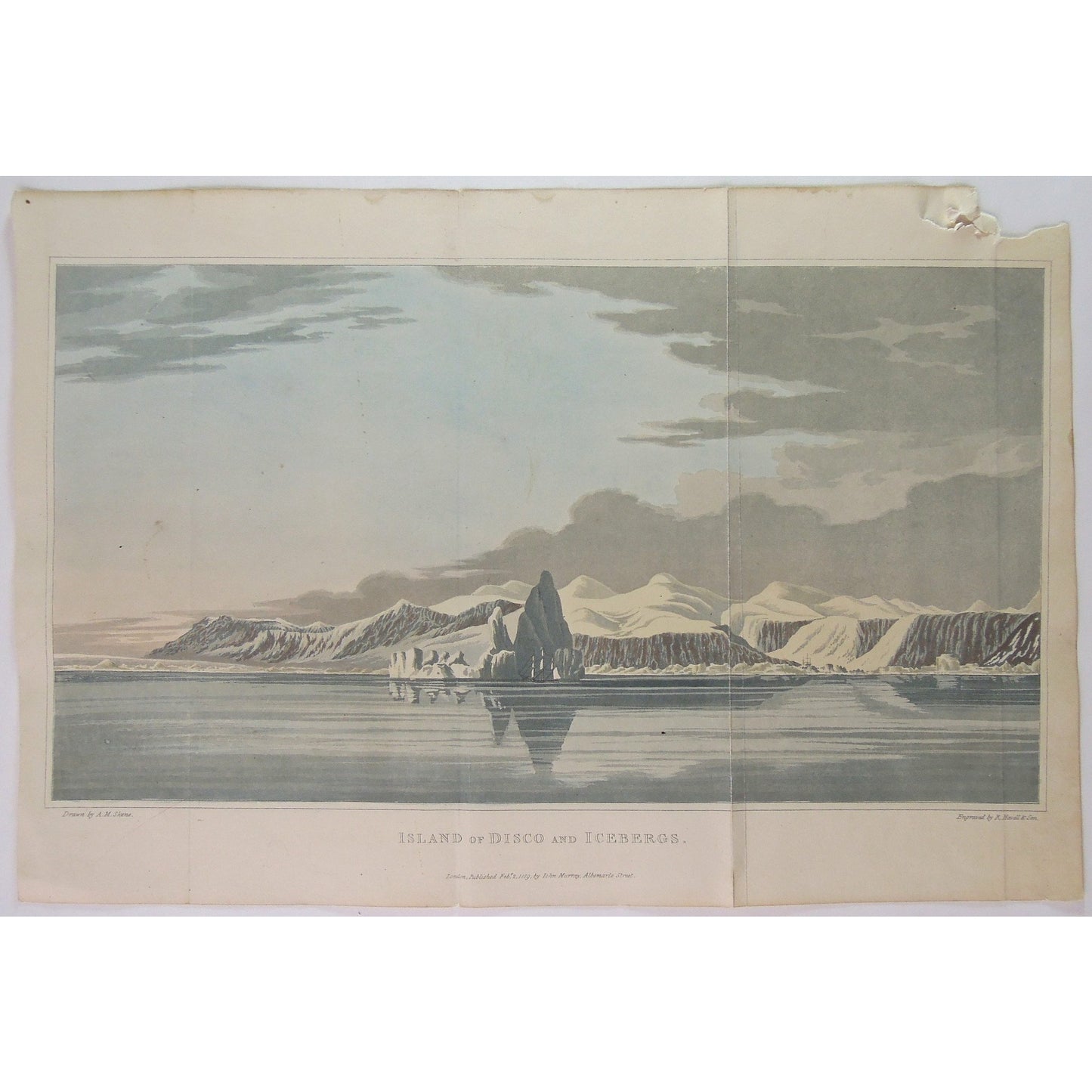 Island, Iceberg, Icebergs, Island of Disco, Disco, Arctic, Ocean, Greenland, Disko Islands, Ship, View, Disko, qeqertarsuaq, North-West Passage, North West Passage, Captain John Ross, John Ross, Captain, Skene, Havell, A Voyage of Discovery, Voyage of Discovery, 1819, 