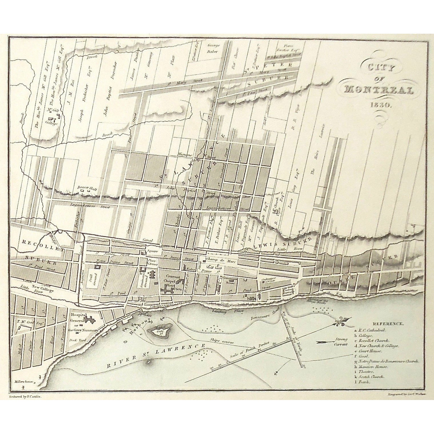 Montreal, City, Map, 1830, River St. Lawrence, St. Lawrence River, Quebec Suburb, St. Lewis Suburb, Recollet Suburb, St. Lawrence Suburb, St. Peter Suburb, General Hospital, Hotel Dieu, Couvent Chapel, Champs de Mars, Bouchette, Jos. Bouchette, Joseph Bouchette, Cattlin, Walker, British Dominions in North America, Antique Maps, Antique Prints, Original, artwork,