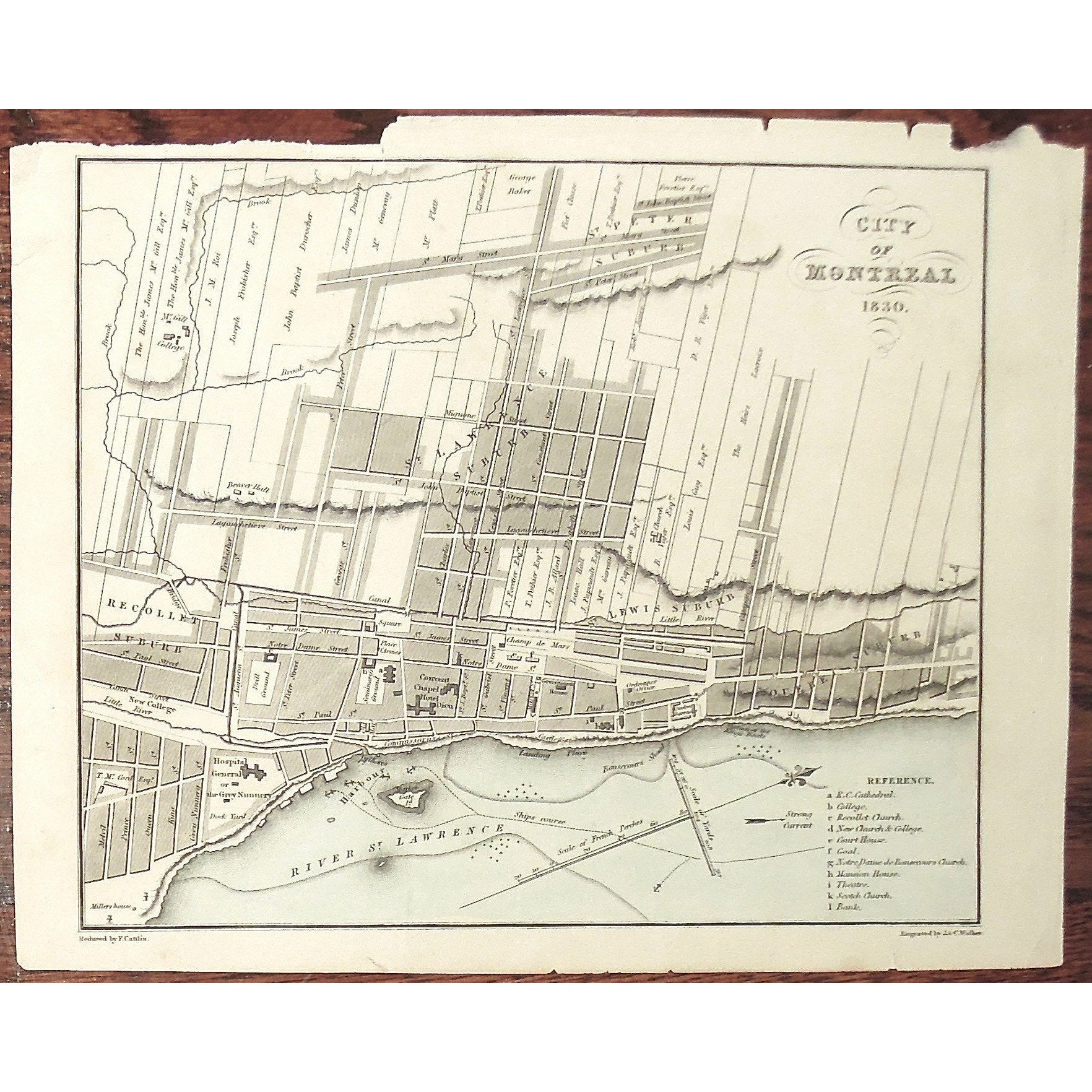 Montreal, City, Map, 1830, River St. Lawrence, St. Lawrence River, Quebec Suburb, St. Lewis Suburb, Recollet Suburb, St. Lawrence Suburb, St. Peter Suburb, General Hospital, Hotel Dieu, Couvent Chapel, Champs de Mars, Bouchette, Jos. Bouchette, Joseph Bouchette, Cattlin, Walker, British Dominions in North America, Antique Maps, Antique Prints, Original, artwork,