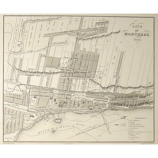 Montreal, City, Map, 1830, River St. Lawrence, St. Lawrence River, Quebec Suburb, St. Lewis Suburb, Recollet Suburb, St. Lawrence Suburb, St. Peter Suburb, General Hospital, Hotel Dieu, Couvent Chapel, Champs de Mars, Ontario, Bouchette, Jos. Bouchette, Joseph Bouchette, Cattlin, Walker, British Dominions in North America, Original, Antique Map, Antique Prints, engraving