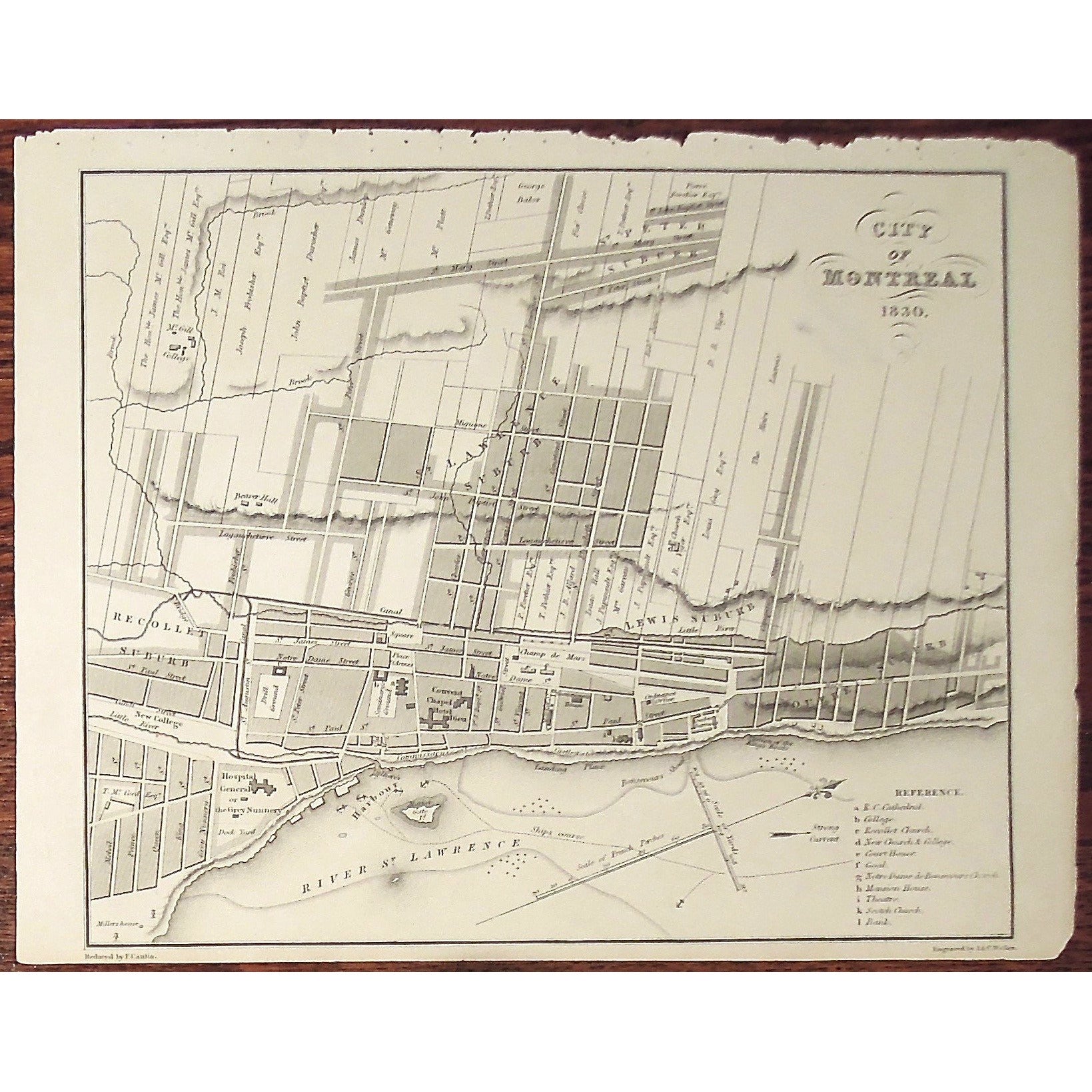 Montreal, City, Map, 1830, River St. Lawrence, St. Lawrence River, Quebec Suburb, St. Lewis Suburb, Recollet Suburb, St. Lawrence Suburb, St. Peter Suburb, General Hospital, Hotel Dieu, Couvent Chapel, Champs de Mars, Ontario, Bouchette, Jos. Bouchette, Joseph Bouchette, Cattlin, Walker, British Dominions in North America, Original, Antique Map, Antique Prints, engraving