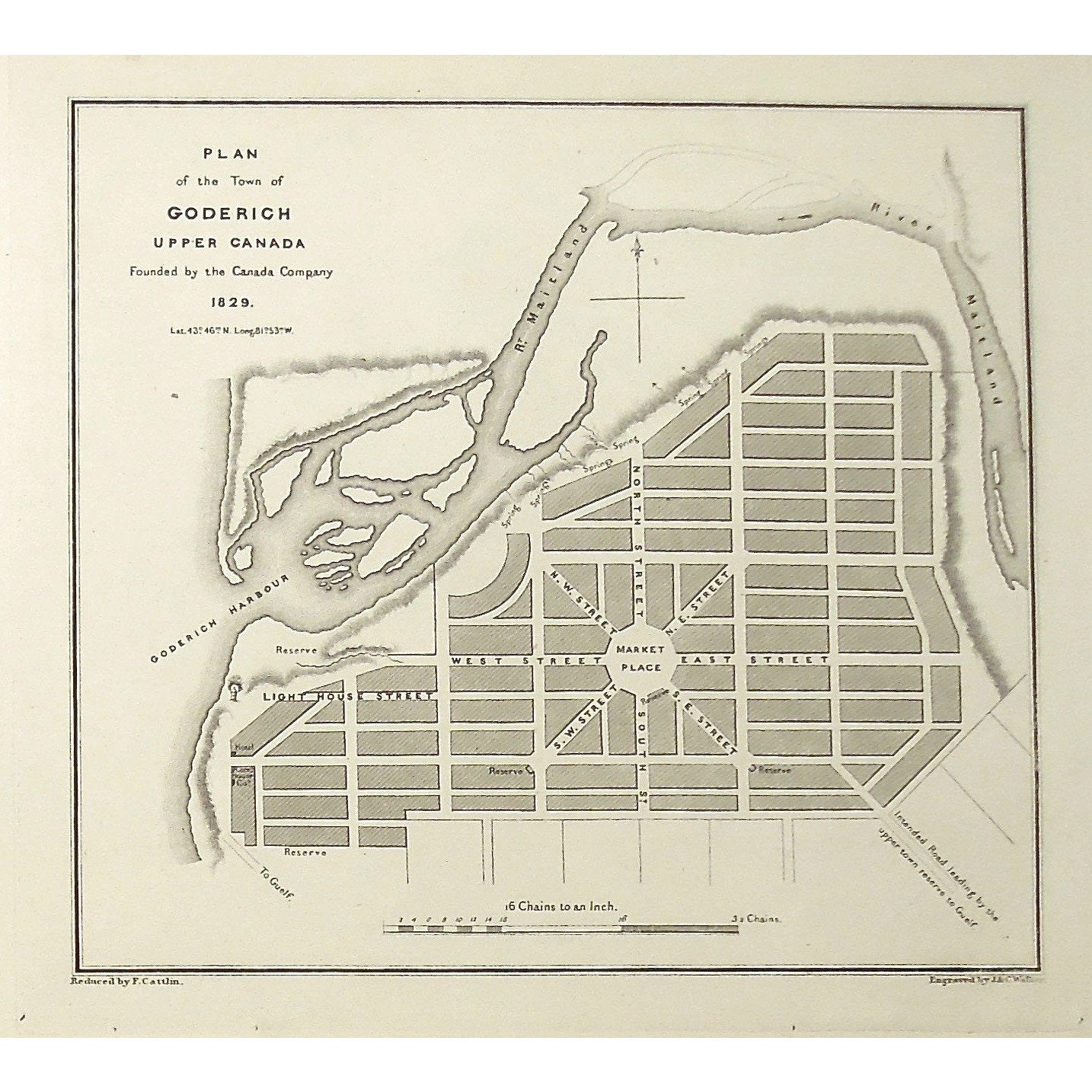 Goderich, Upper Canada, Canada Company, Market Place, Goderich Harbour, Maitland, River, Lighthouse Street, Ontario, Bouchette, Jos. Bouchette, Joseph Bouchette, Cattlin, Walker, British Dominions in North America, Antique Prints, Antique Maps, Original, Engravings, art,