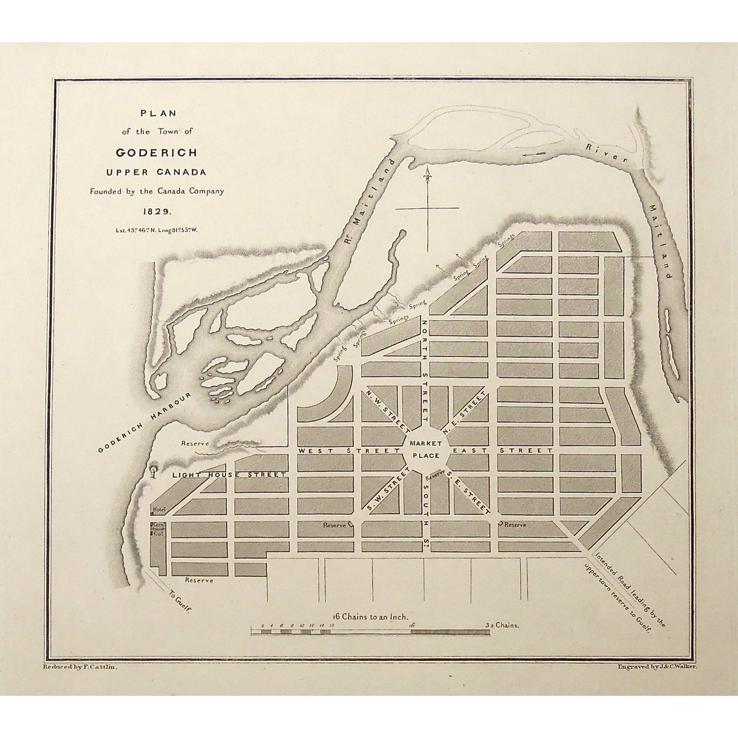 Goderich, Upper Canada, Canada Company, Market Place, Goderich Harbour, Maitland, River, Lighthouse Street, Ontario, Bouchette, Jos. Bouchette, Joseph Bouchette, Cattlin, Walker, British Dominions in North America, art, engravings, antique prints, antique maps,