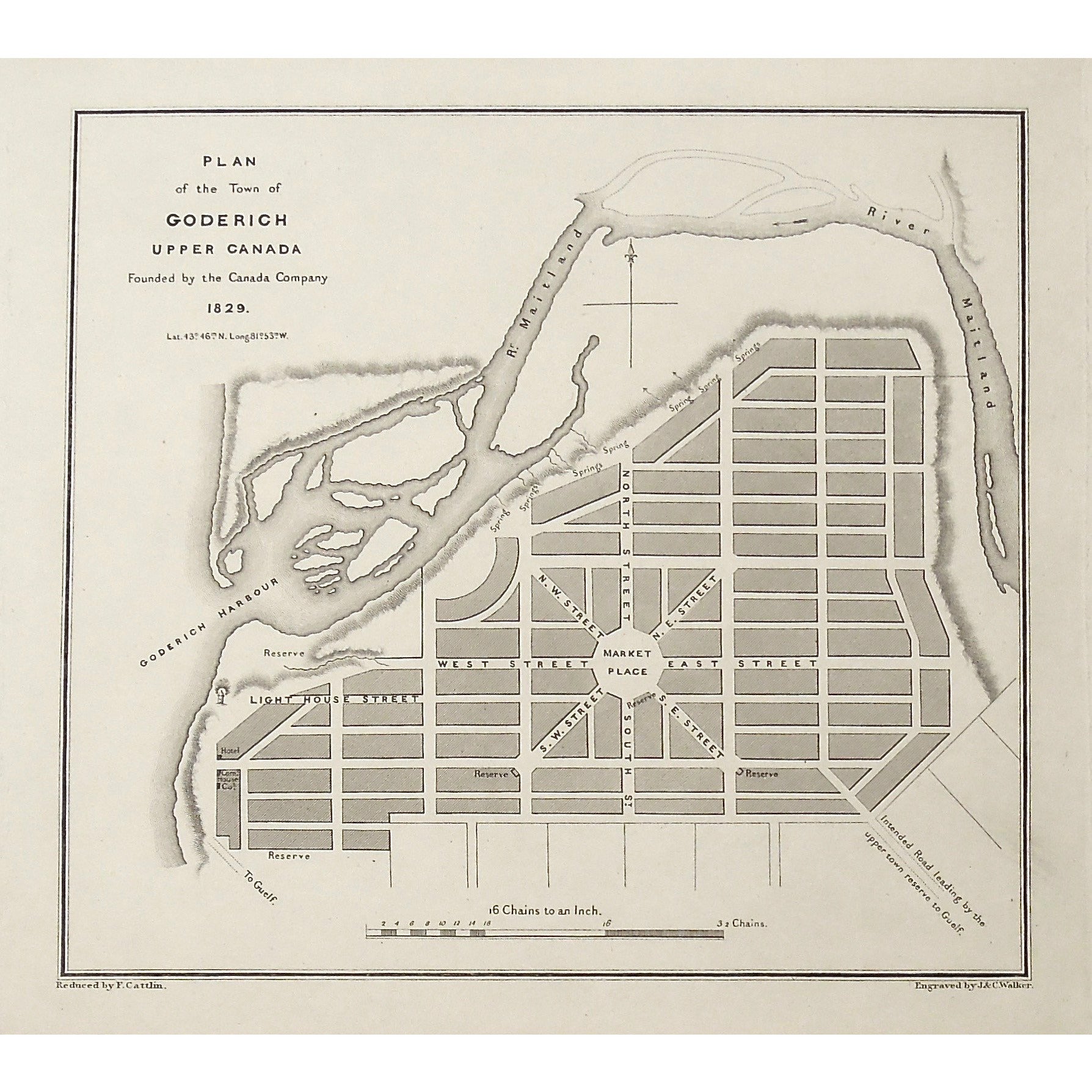 Goderich, Upper Canada, Canada Company, Market Place, Goderich Harbour, Maitland, River, Lighthouse Street, Ontario, Bouchette, Jos. Bouchette, Joseph Bouchette, Cattlin, Walker, British Dominions in North America, art, engravings, antique prints, antique maps, original,