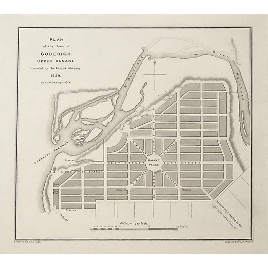 Goderich, Upper Canada, Canada Company, Market Place, Goderich Harbour, Maitland, River, Lighthouse Street, Ontario, Bouchette, Jos. Bouchette, Joseph Bouchette, Cattlin, Walker, British Dominions in North America, art, engravings, antique prints, antique maps, original,