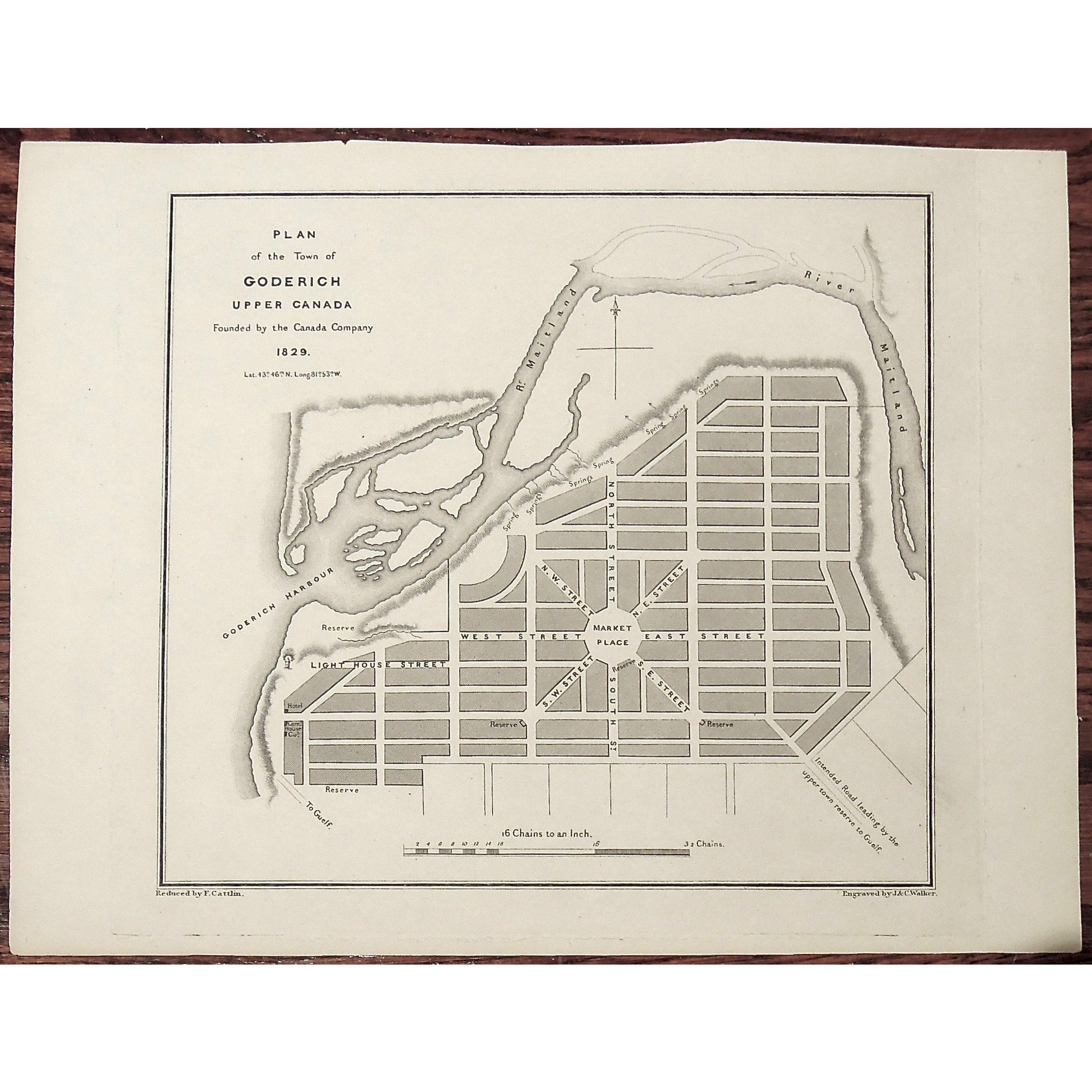 Goderich, Upper Canada, Canada Company, Market Place, Goderich Harbour, Maitland, River, Lighthouse Street, Ontario, Bouchette, Jos. Bouchette, Joseph Bouchette, Cattlin, Walker, British Dominions in North America, art, engravings, antique prints, antique maps, original,