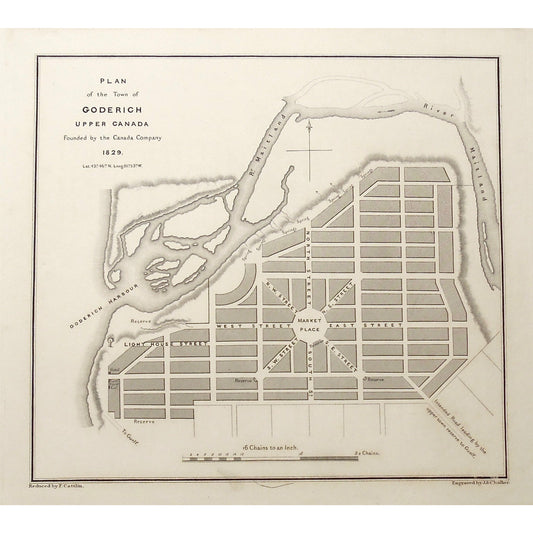 Goderich, Upper Canada, Canada Company, Market Place, Goderich Harbour, Maitland, River, Lighthouse Street, Ontario, Bouchette, Jos. Bouchette, Joseph Bouchette, Cattlin, Walker, British Dominions in North America, art, engravings, antique prints, antique maps,