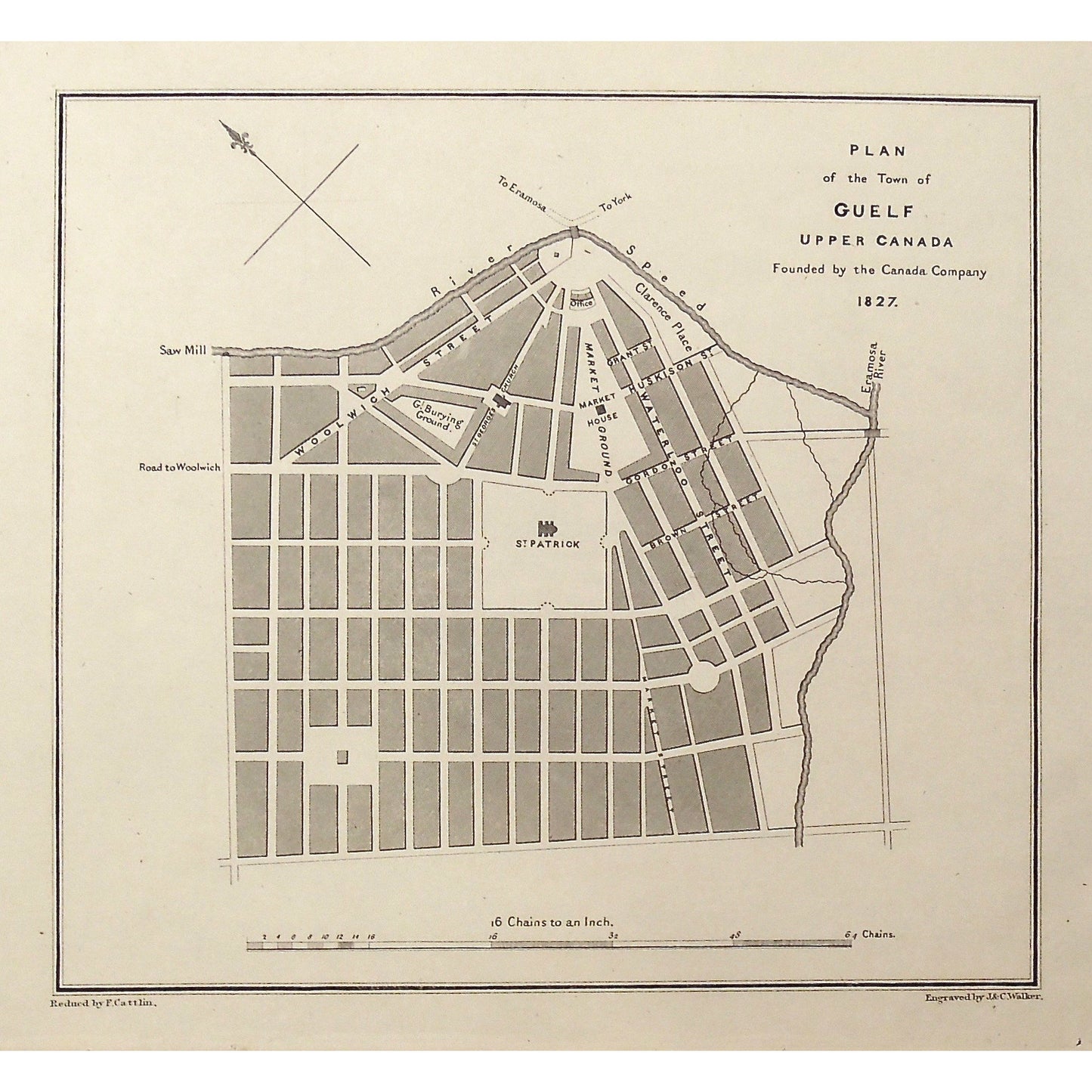 Guelf, Upper Canada, Ontario, Canada Company, St. Patrick's Square, Market House, Market, Market Grounds, Burying Ground, Clarence Place, River Speed, Speed River, Bouchette, Jos. Bouchette, Joseph Bouchette, Cattlin, Walker, British Dominions in North America, engraving, original, art, antique maps, antique prints,