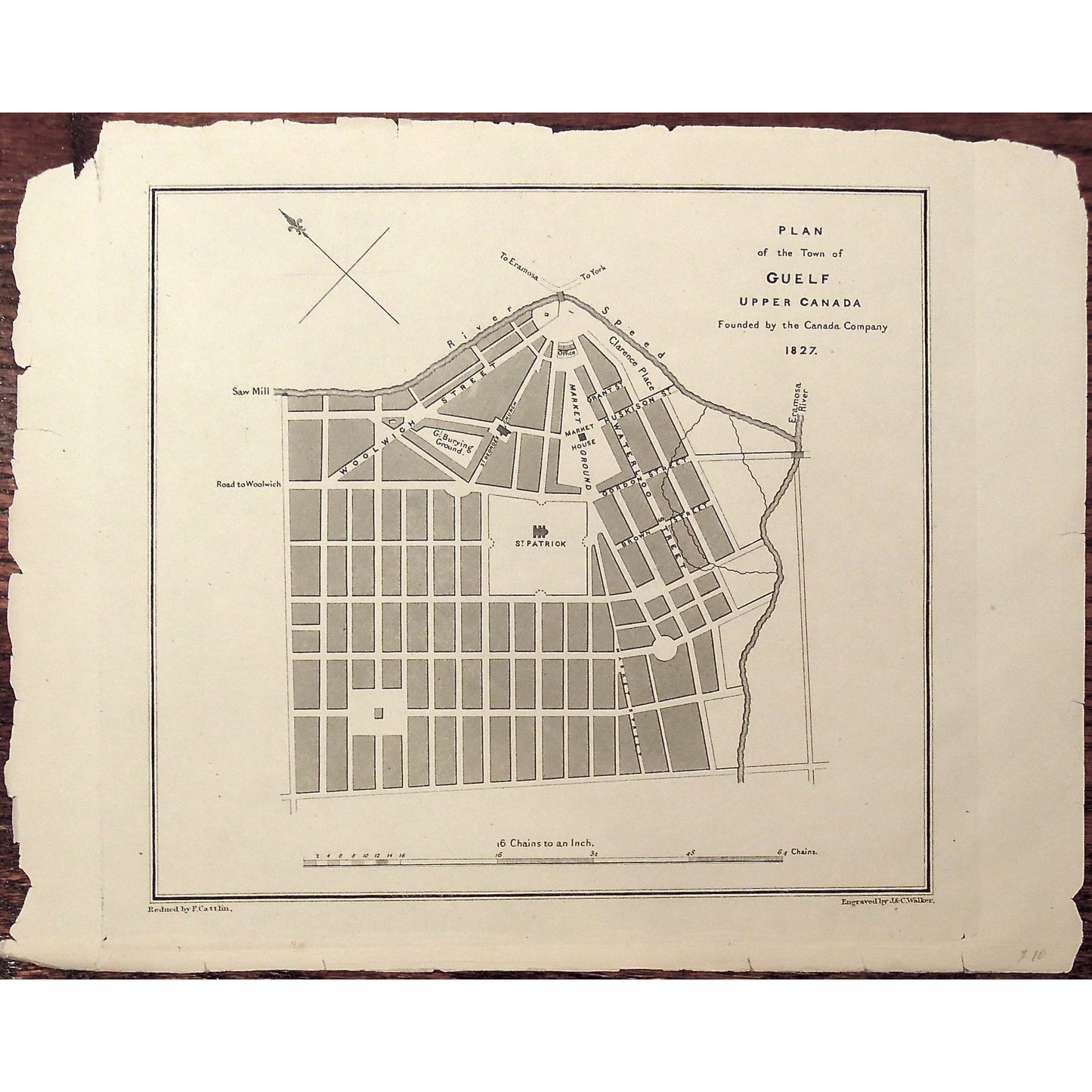 Guelf, Upper Canada, Ontario, Canada Company, St. Patrick's Square, Market House, Market, Market Grounds, Burying Ground, Clarence Place, River Speed, Speed River, Bouchette, Jos. Bouchette, Joseph Bouchette, Cattlin, Walker, British Dominions in North America, engraving, original, art, antique maps, antique prints,