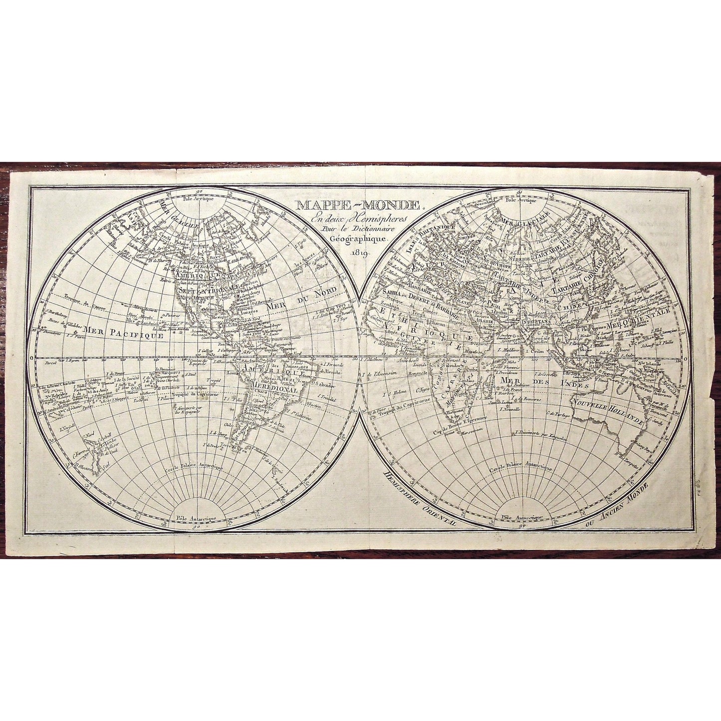 Map, World Map, World Maps, Two Hemispheres, Ancien Monde, Ancient, World, Oriental Hemisphere, Hemisphere Oriental, Ocean, Oceans, Land, Lands, Old map, Carte, Carte Mondiale, North America, South America, Asia, Australia, Europe, Africa, Antarctica, Antique Map, Antique prints, Vintage Maps, Art, 1819, 