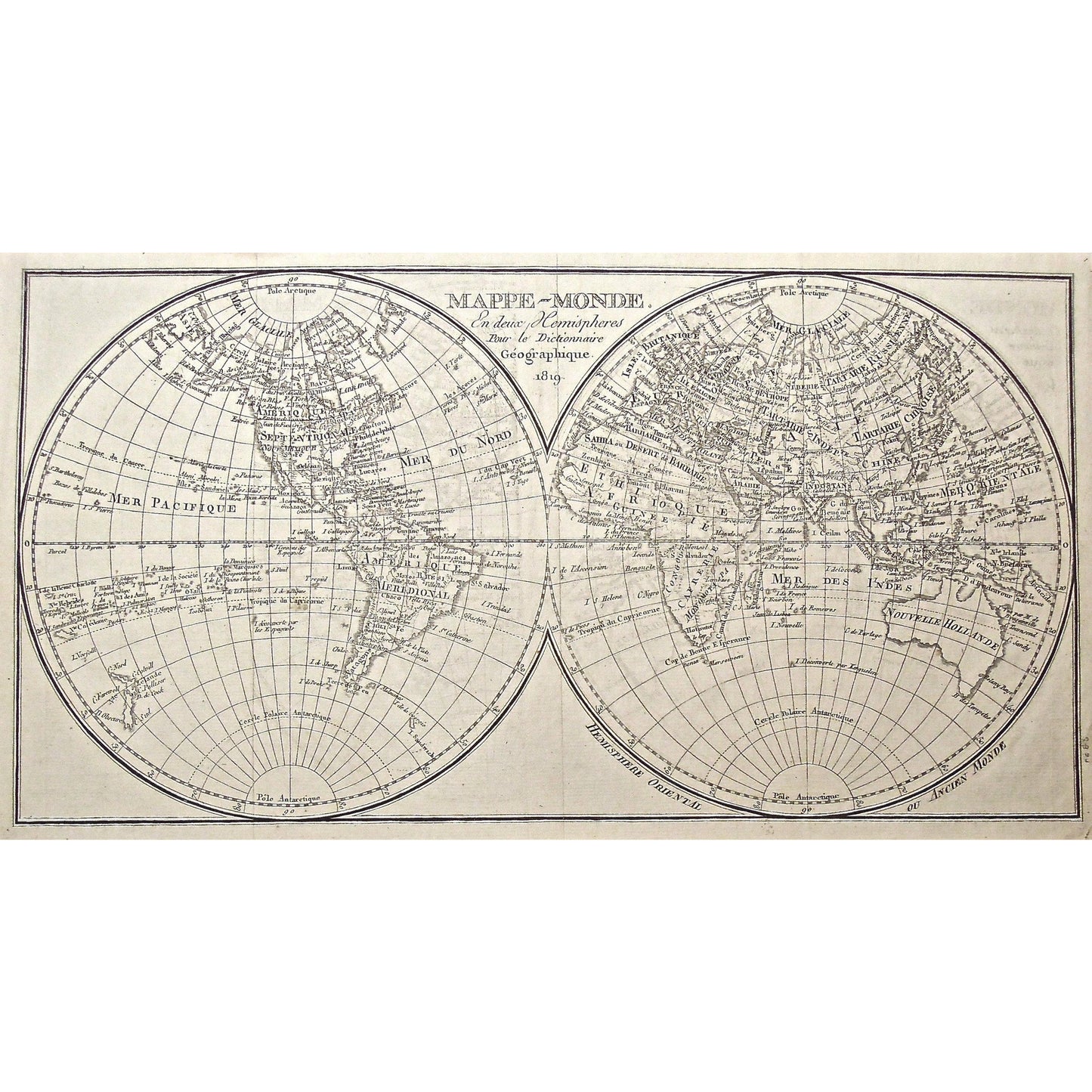 Map, World Map, World Maps, Two Hemispheres, Ancien Monde, Ancient, World, Oriental Hemisphere, Hemisphere Oriental, Ocean, Oceans, Land, Lands, Old map, Carte, Carte Mondiale, North America, South America, Asia, Australia, Europe, Africa, Antarctica, Antique Map, Antique prints, Vintage Maps, Art, 1819, 